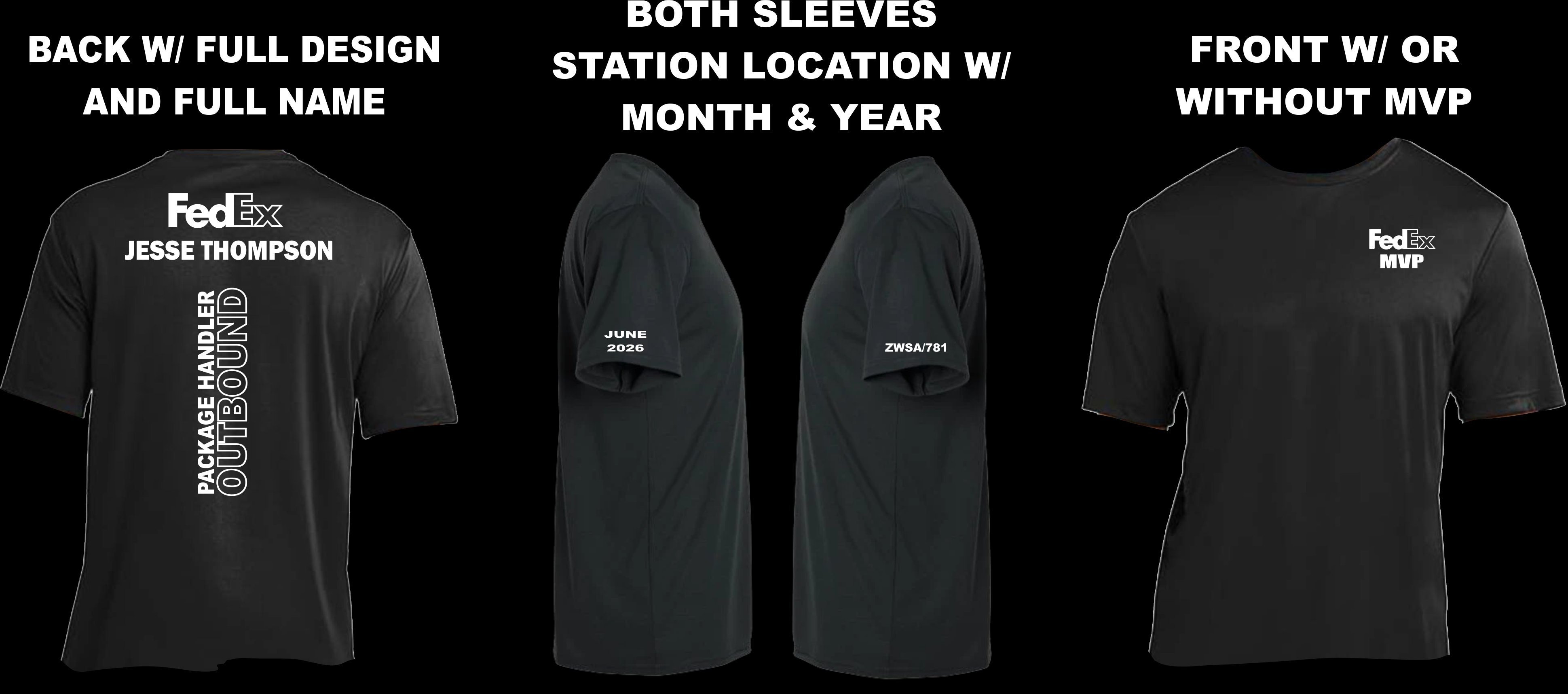Custom recognition shirt — front, back & sleeve layout